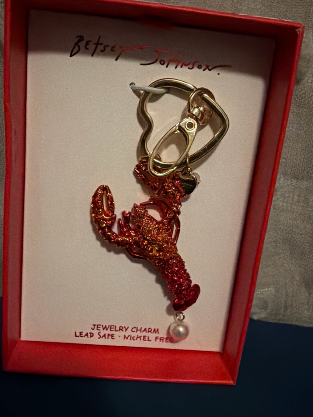 Betsey Johnson Red Glitter Lobster Charm with Faux Pearl